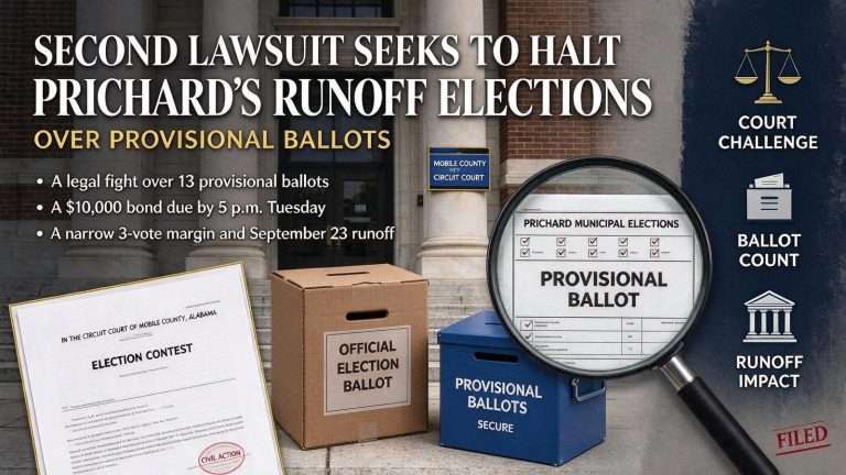 Illustration for the news story: Second Lawsuit Seeks to Halt Prichard’s Runoff Elections Over Provisional Ballots