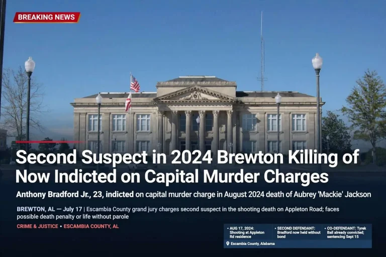 Illustration for the news story: Second Suspect in 2024 Brewton Killing of Aubrey Jackson Now Indicted on Capital Murder Charges