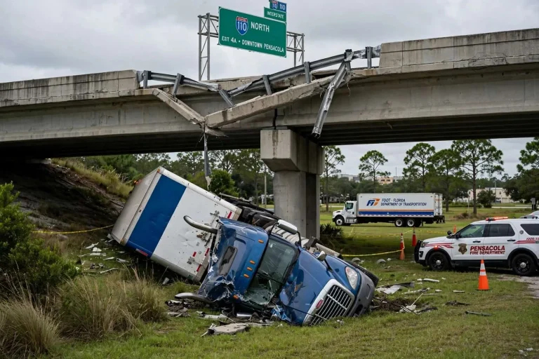 Illustration for the news story: Semi-Truck Overturns Off I-110 in Pensacola, Driver Walks Away Uninjured