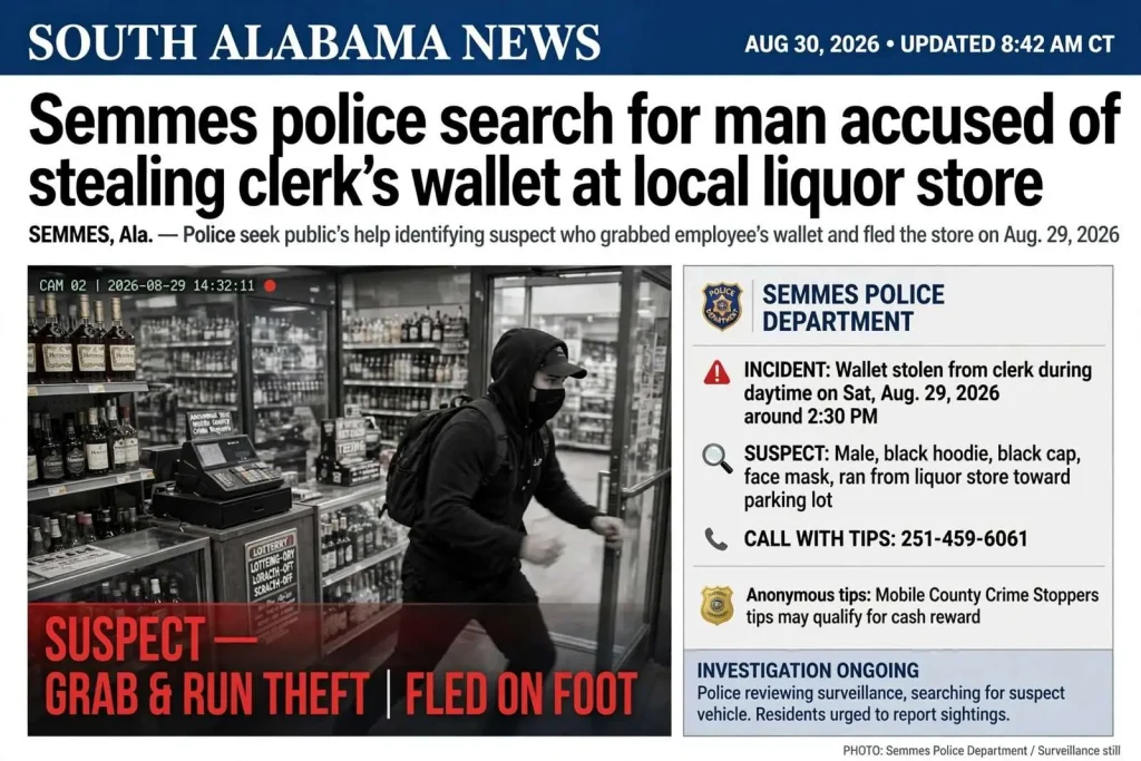 Illustration for the news story: Semmes police search for man accused of stealing clerk’s wallet at local liquor store