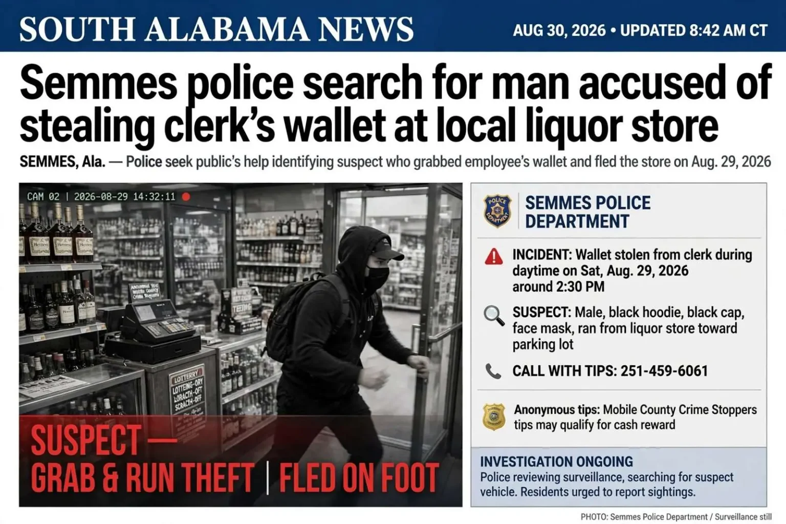 Illustration for the news story: Semmes police search for man accused of stealing clerk’s wallet at local liquor store