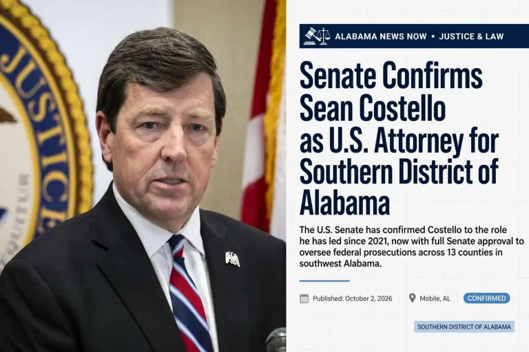 Illustration for the news story: Senate Confirms Sean Costello as U.S. Attorney for Southern District of Alabama