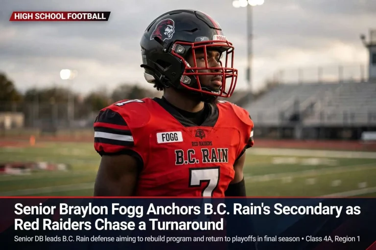 Illustration for the news story: Senior Braylon Fogg Anchors B.C. Rain’s Secondary as Red Raiders Chase a Turnaround