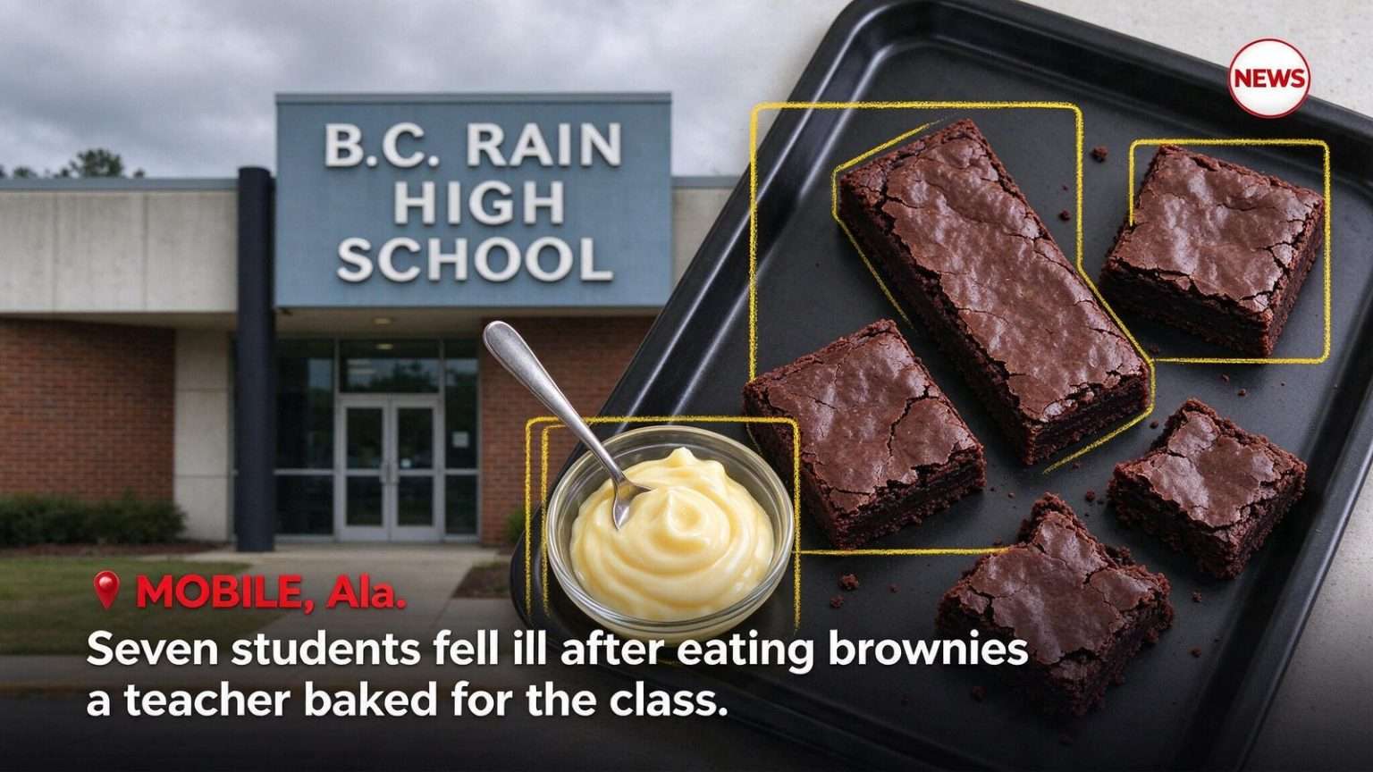 Illustration for the news story: Seven B.C. Rain High School students fall ill after eating brownies a teacher baked for the class