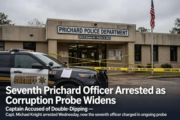 Illustration for the news story: Seventh Prichard Officer Arrested as Corruption Probe Widens, Captain Accused of Double-Dipping