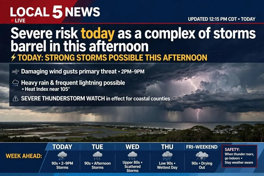 Illustration for the news story: Severe risk today as a complex of storms barrel in this afternoon