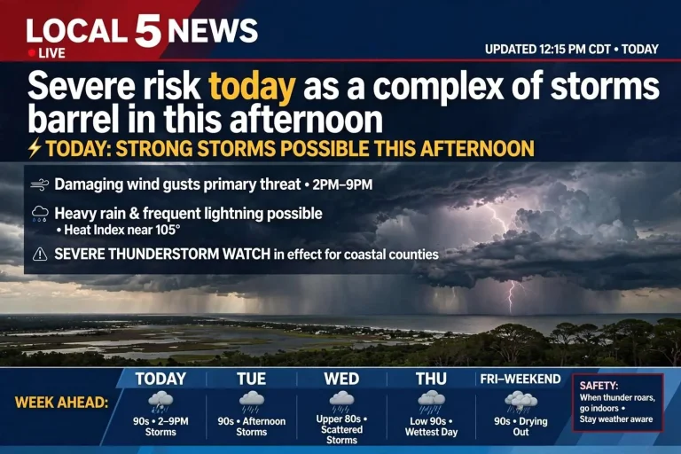 Illustration for the news story: Severe risk today as a complex of storms barrel in this afternoon