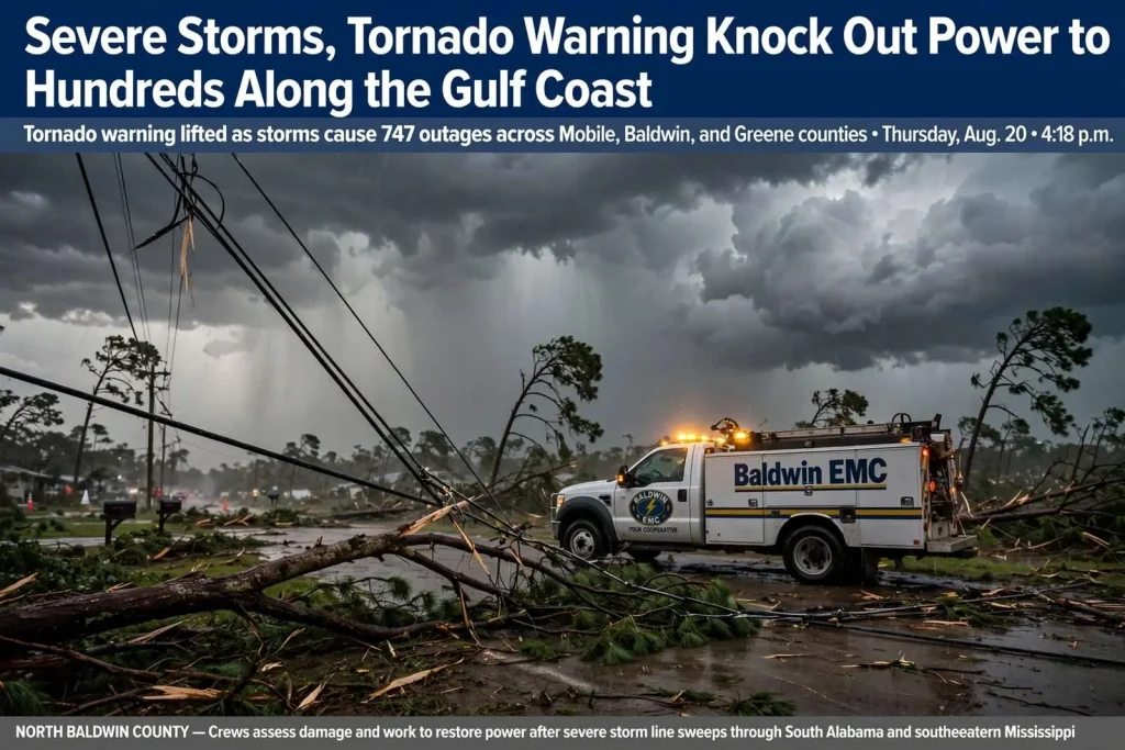 Illustration for the news story: Severe Storms, Tornado Warning Knock Out Power to Hundreds Along the Gulf Coast