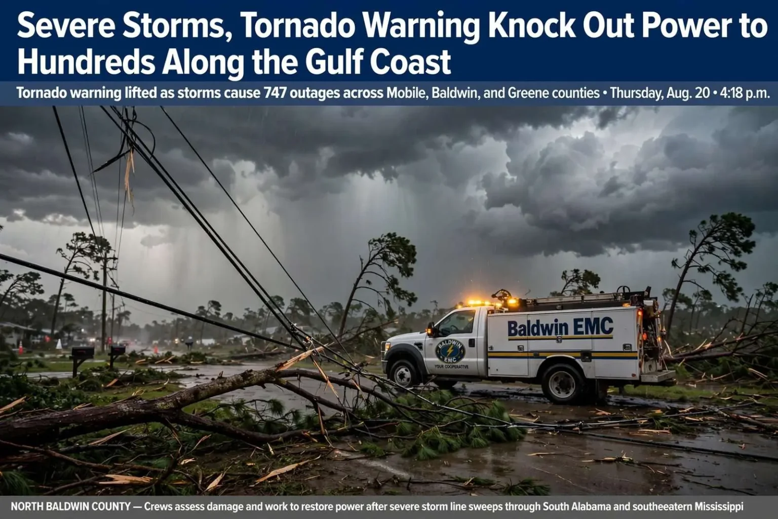 Illustration for the news story: Severe Storms, Tornado Warning Knock Out Power to Hundreds Along the Gulf Coast
