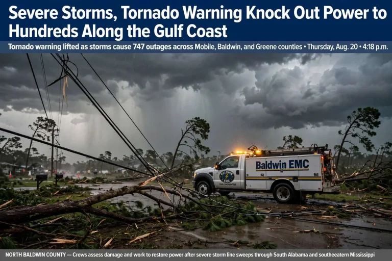 Illustration for the news story: Severe Storms, Tornado Warning Knock Out Power to Hundreds Along the Gulf Coast