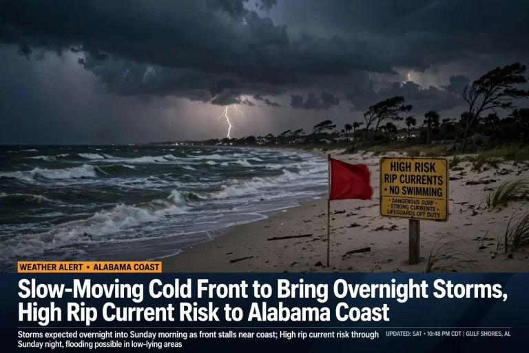 Illustration for the news story: Slow-Moving Cold Front to Bring Overnight Storms, High Rip Current Risk to Alabama Coast