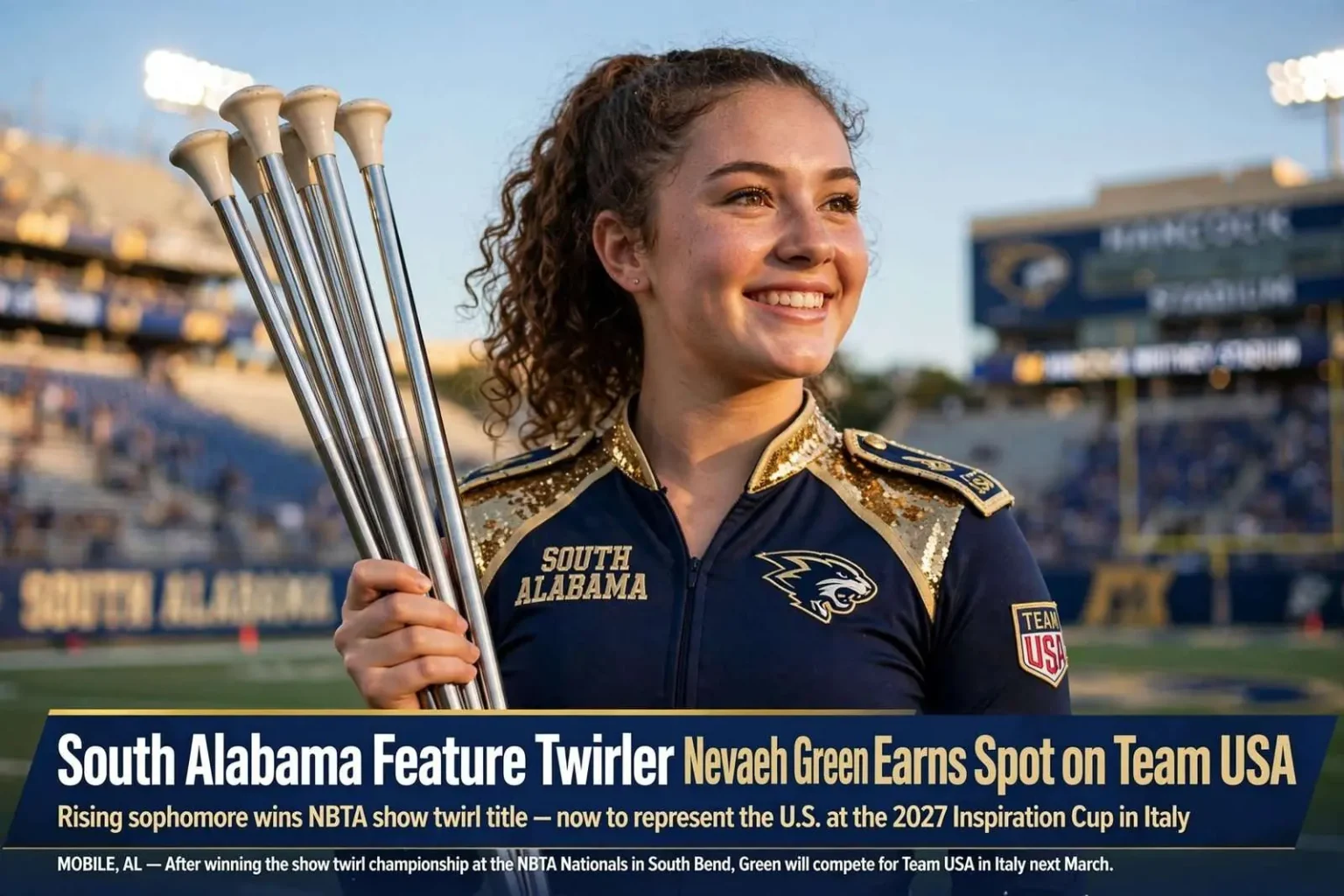 Illustration for the news story: South Alabama Feature Twirler Nevaeh Green Earns Spot on Team USA