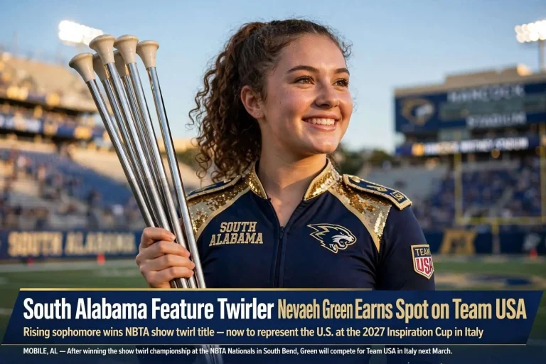 Illustration for the news story: South Alabama Feature Twirler Nevaeh Green Earns Spot on Team USA