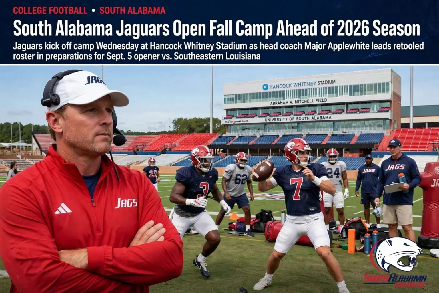 Illustration for the news story: South Alabama Jaguars Open Fall Camp Ahead of 2026 Season