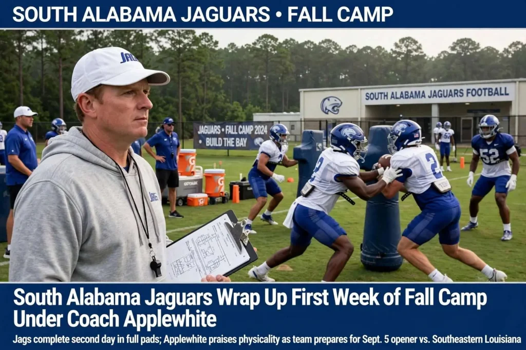 Illustration for the news story: South Alabama Jaguars Wrap Up First Week of Fall Camp Under Coach Applewhite