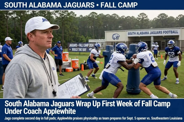 Illustration for the news story: South Alabama Jaguars Wrap Up First Week of Fall Camp Under Coach Applewhite