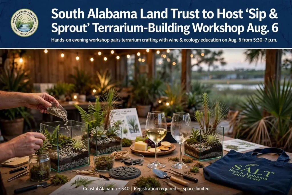 Illustration for the news story: South Alabama Land Trust to Host ‘Sip & Sprout’ Terrarium-Building Workshop Aug. 6