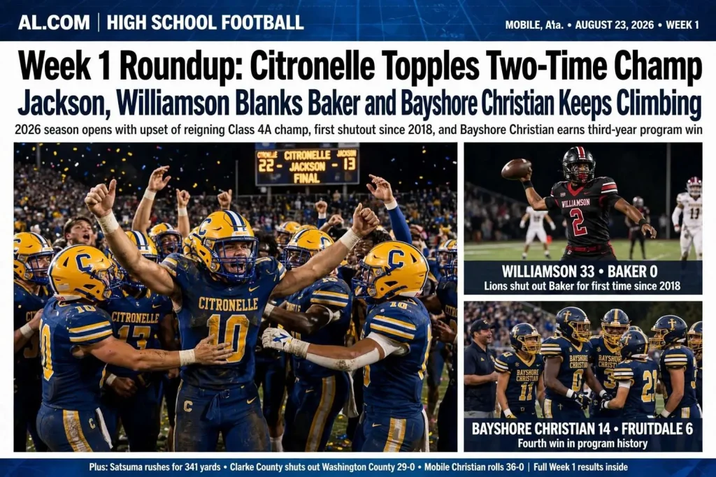 Illustration for the news story: Week 1 Roundup: Citronelle Topples Two-Time Champ Jackson, Williamson Blanks Baker and Bayshore Christian Keeps Climbing