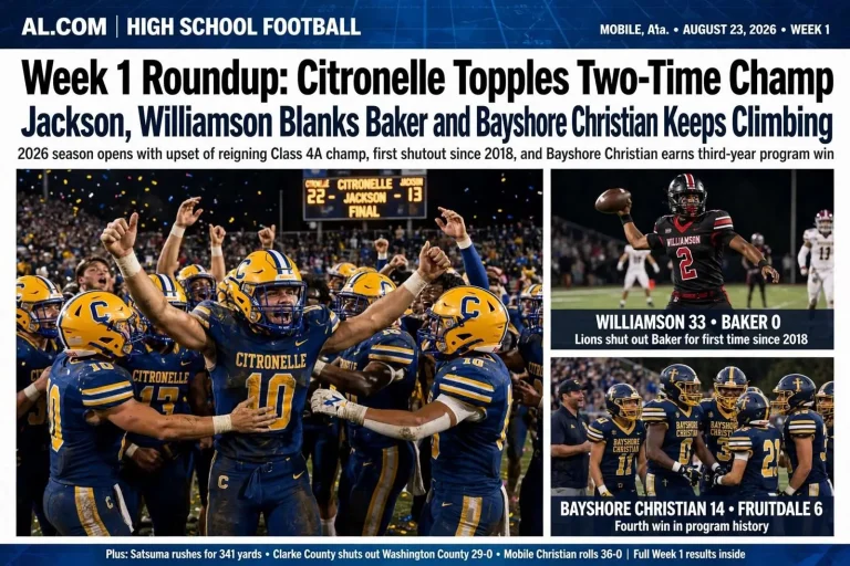 Illustration for the news story: Week 1 Roundup: Citronelle Topples Two-Time Champ Jackson, Williamson Blanks Baker and Bayshore Christian Keeps Climbing