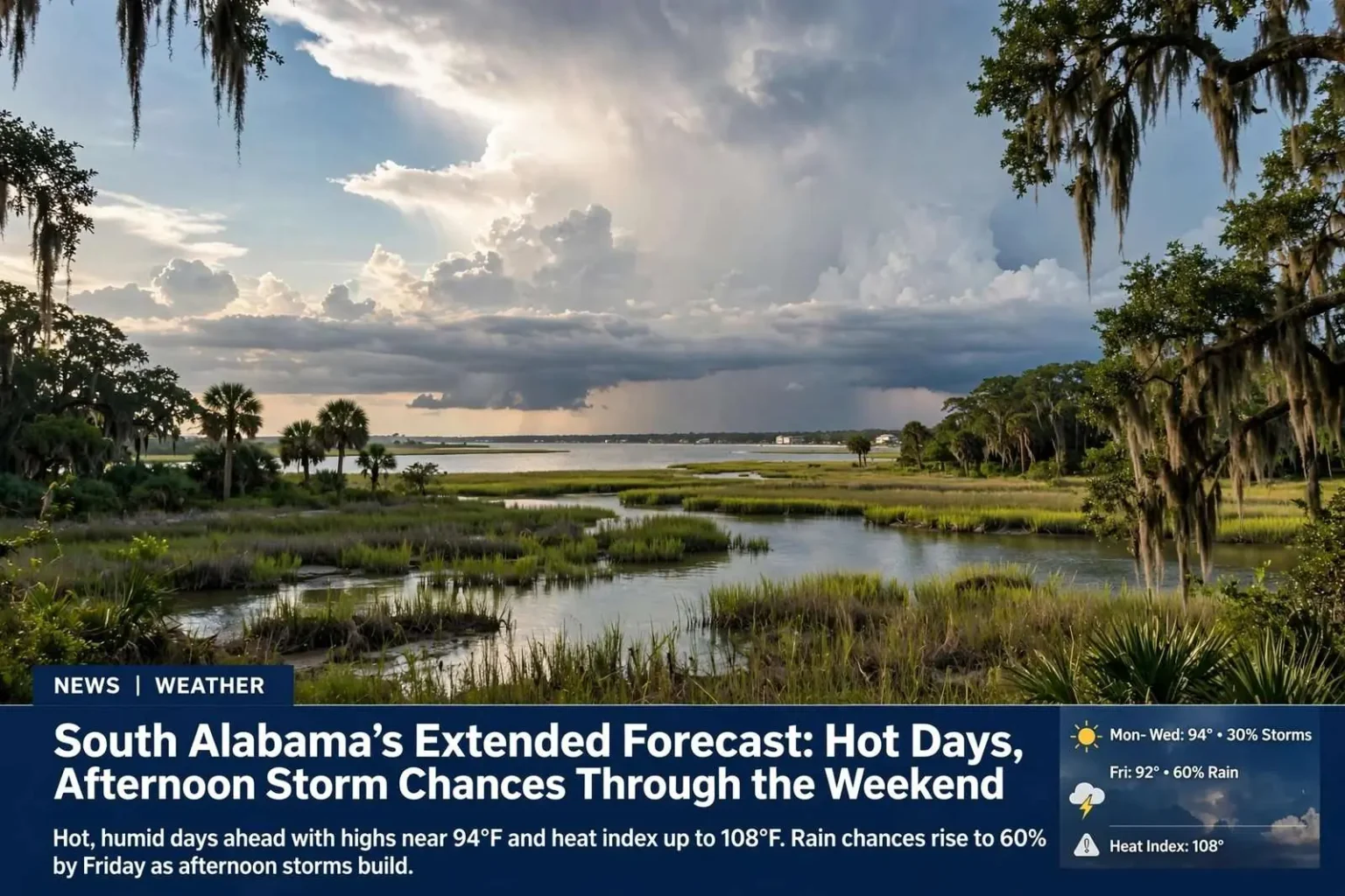 Illustration for the news story: South Alabama’s Extended Forecast: Hot Days, Afternoon Storm Chances Through the Weekend