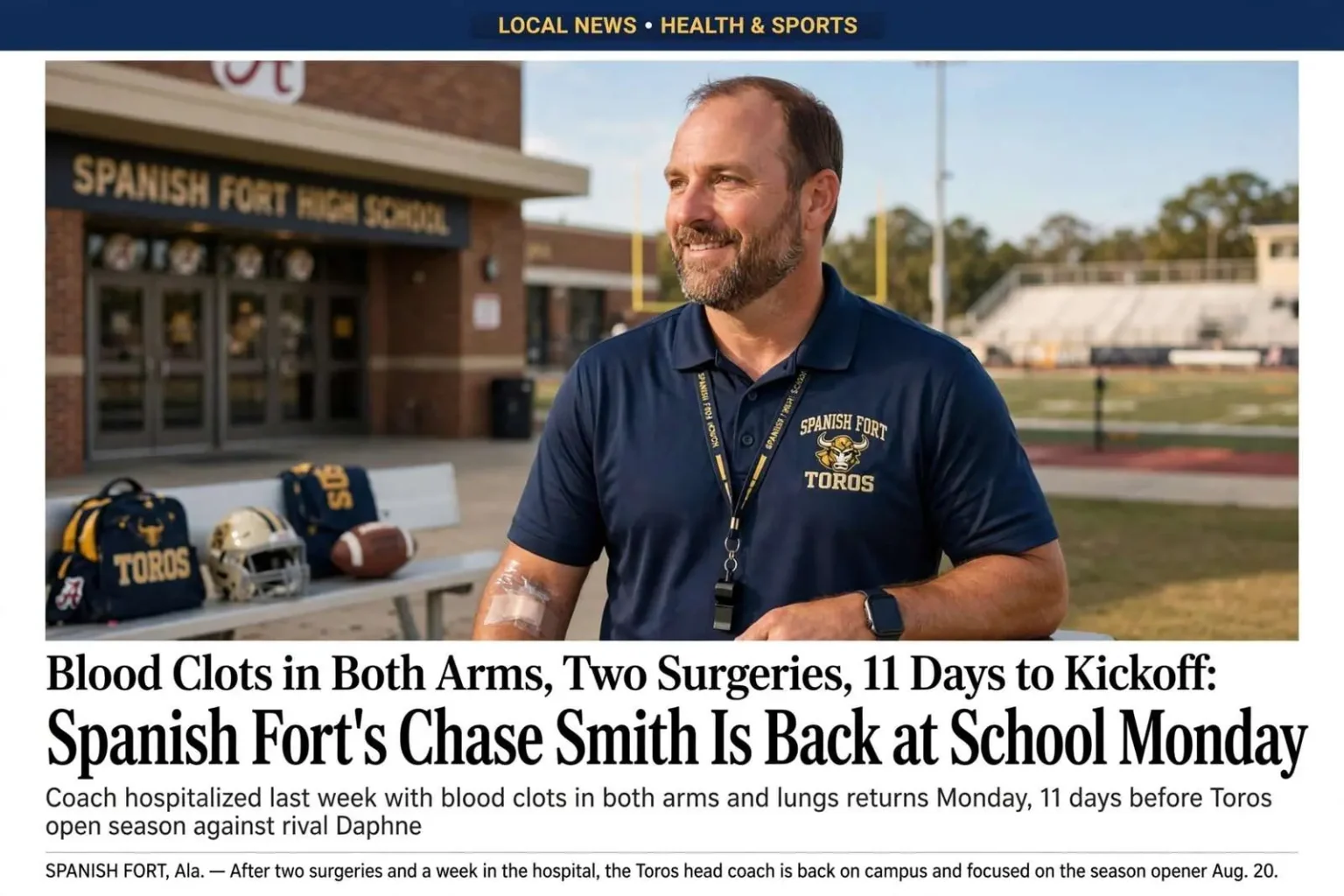 Illustration for the news story: Blood Clots in Both Arms, Two Surgeries, 11 Days to Kickoff: Spanish Fort’s Chase Smith Is Back at School Monday