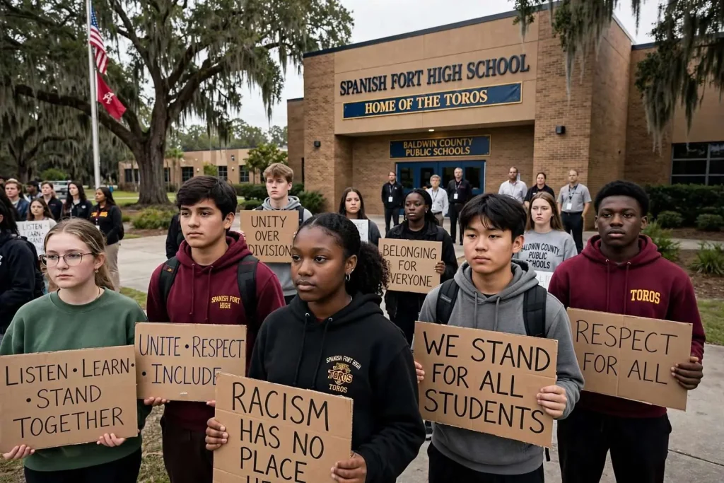 Illustration for the news story: Spanish Fort High Students Stage Peaceful Demonstration After Racist Rap Circulates