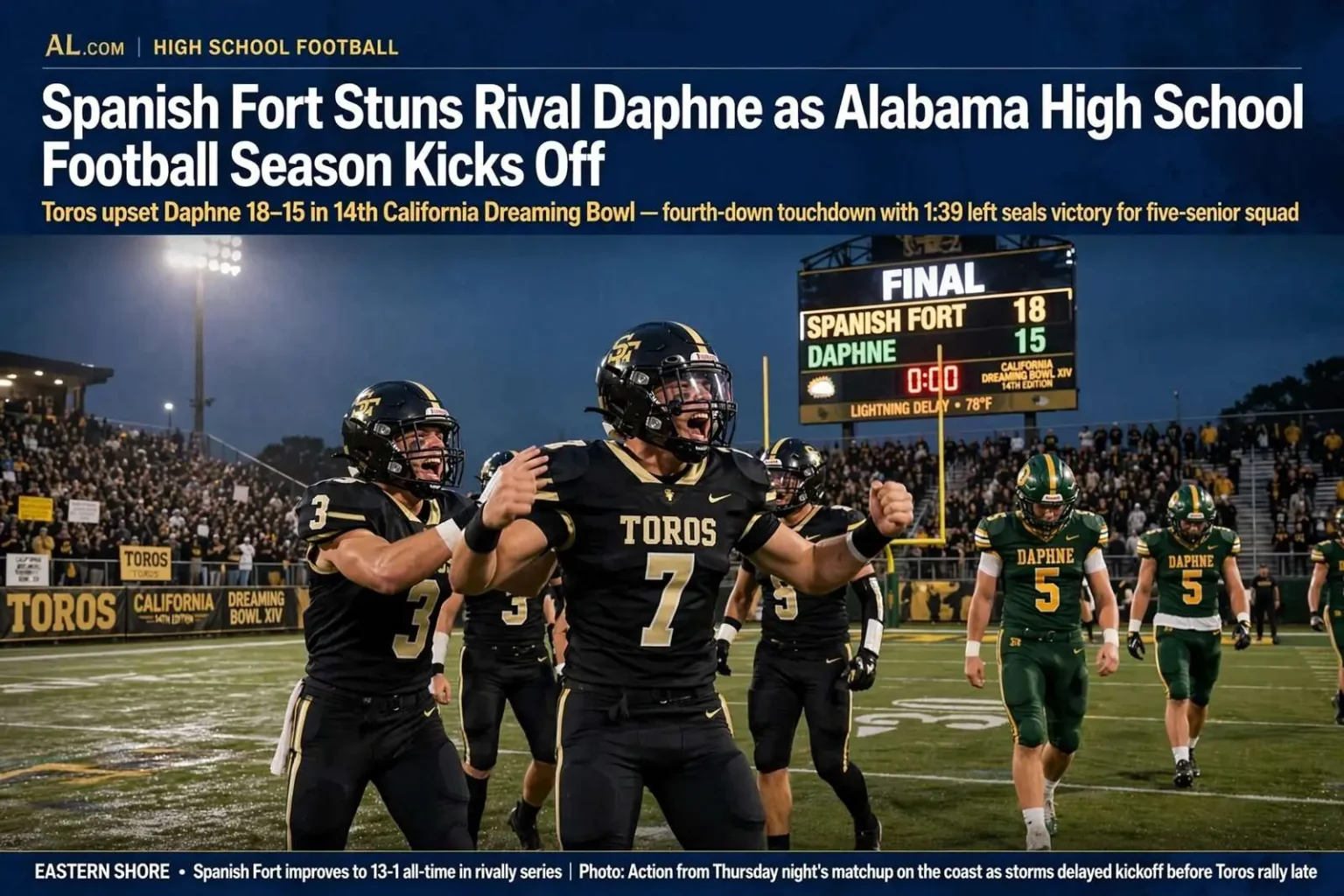 Illustration for the news story: Spanish Fort Stuns Rival Daphne as Alabama High School Football Season Kicks Off