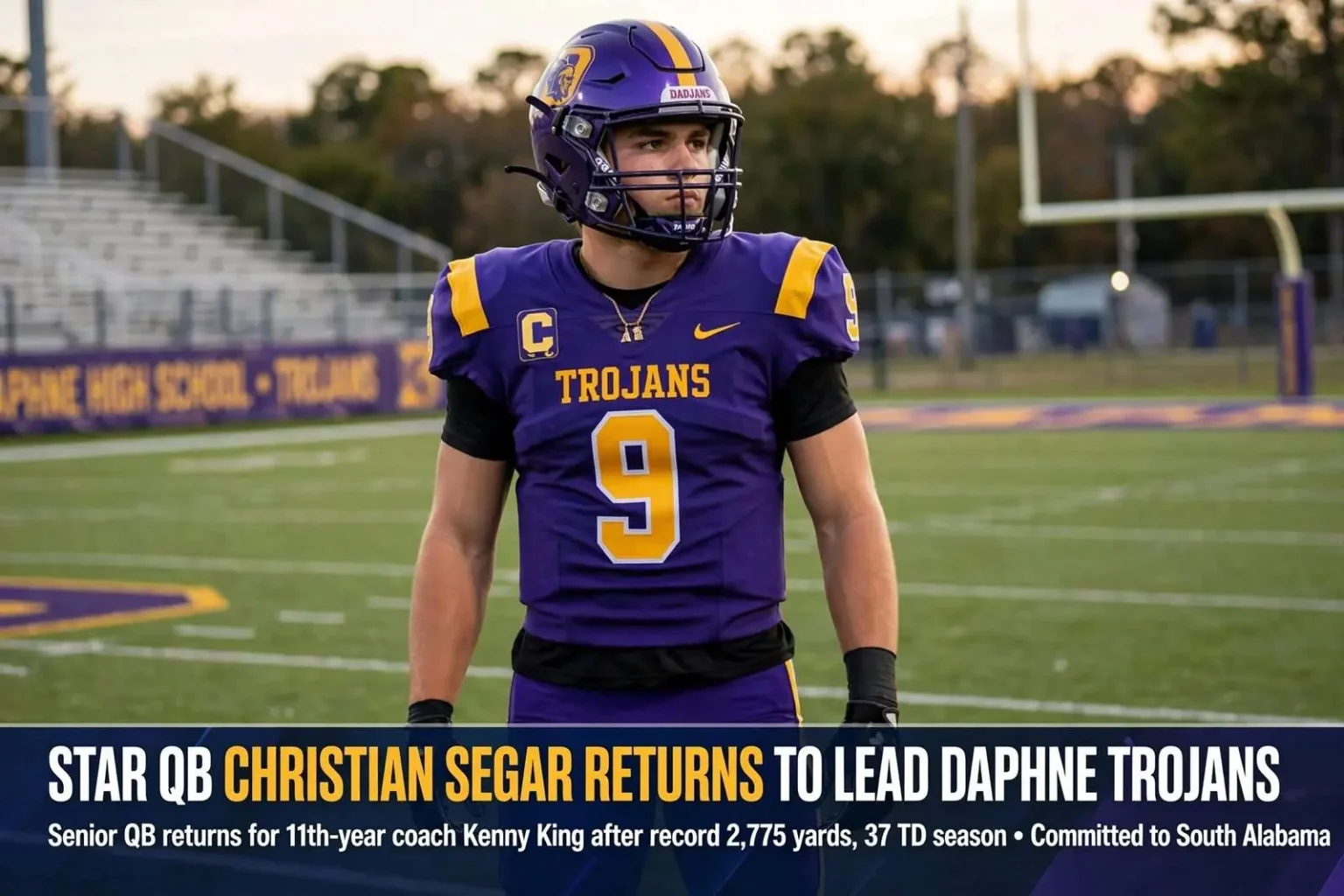 Illustration for the news story: Star QB Christian Segar Returns to Lead Daphne Trojans