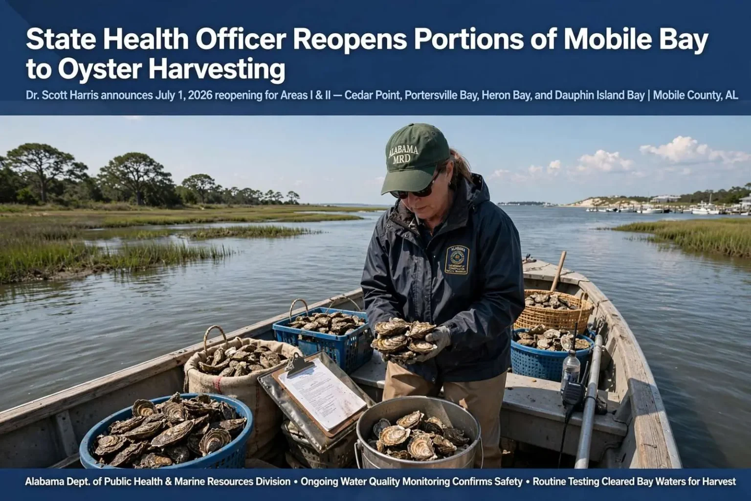 Illustration for the news story: State Health Officer Reopens Portions of Mobile Bay to Oyster Harvesting