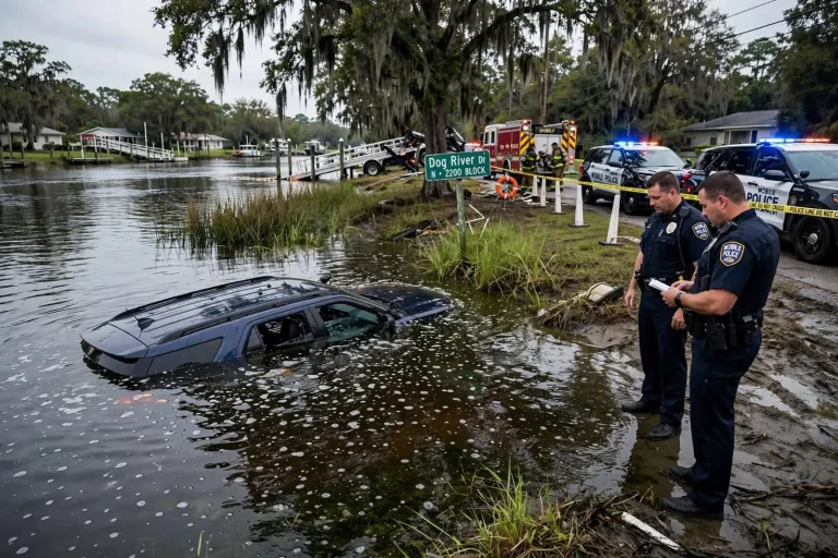 Illustration for the news story: Stolen Car Chase Ends With Vehicle Submerged in Dog River, Two Men Arrested