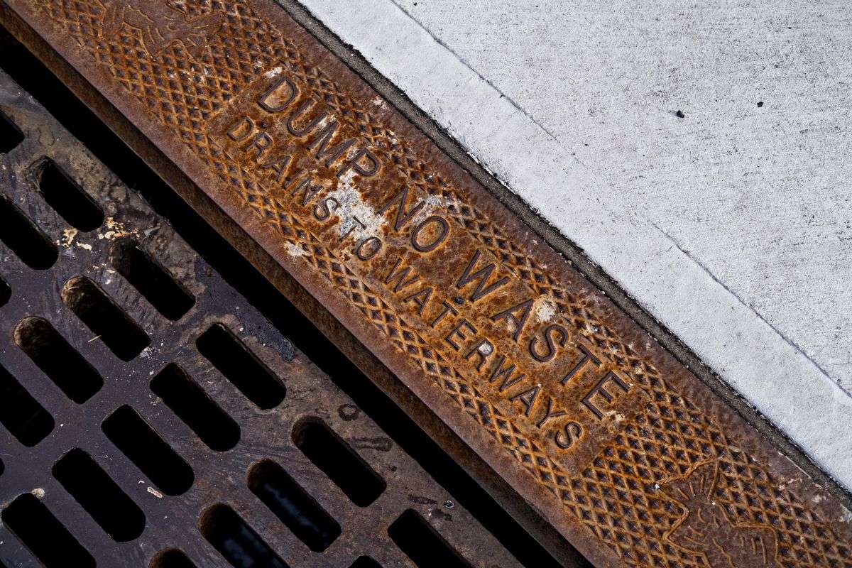 Close-up of a metal street drainage grate set into concrete, where stormwater runoff drains away