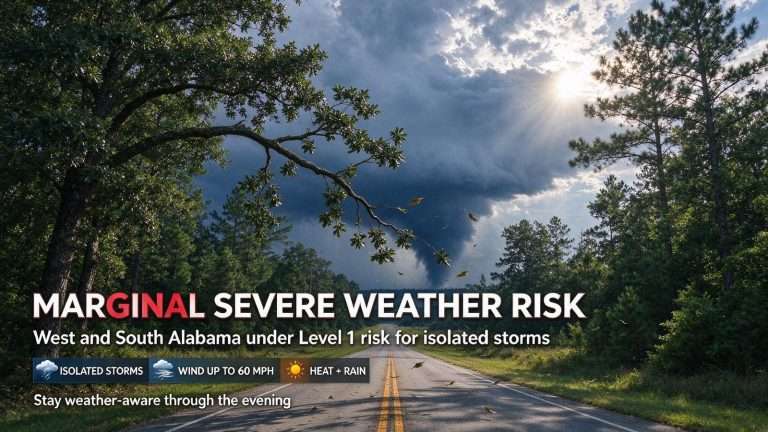 Illustration for the news story: Storm Prediction Center Issues Marginal Severe Weather Risk for West, South Alabama