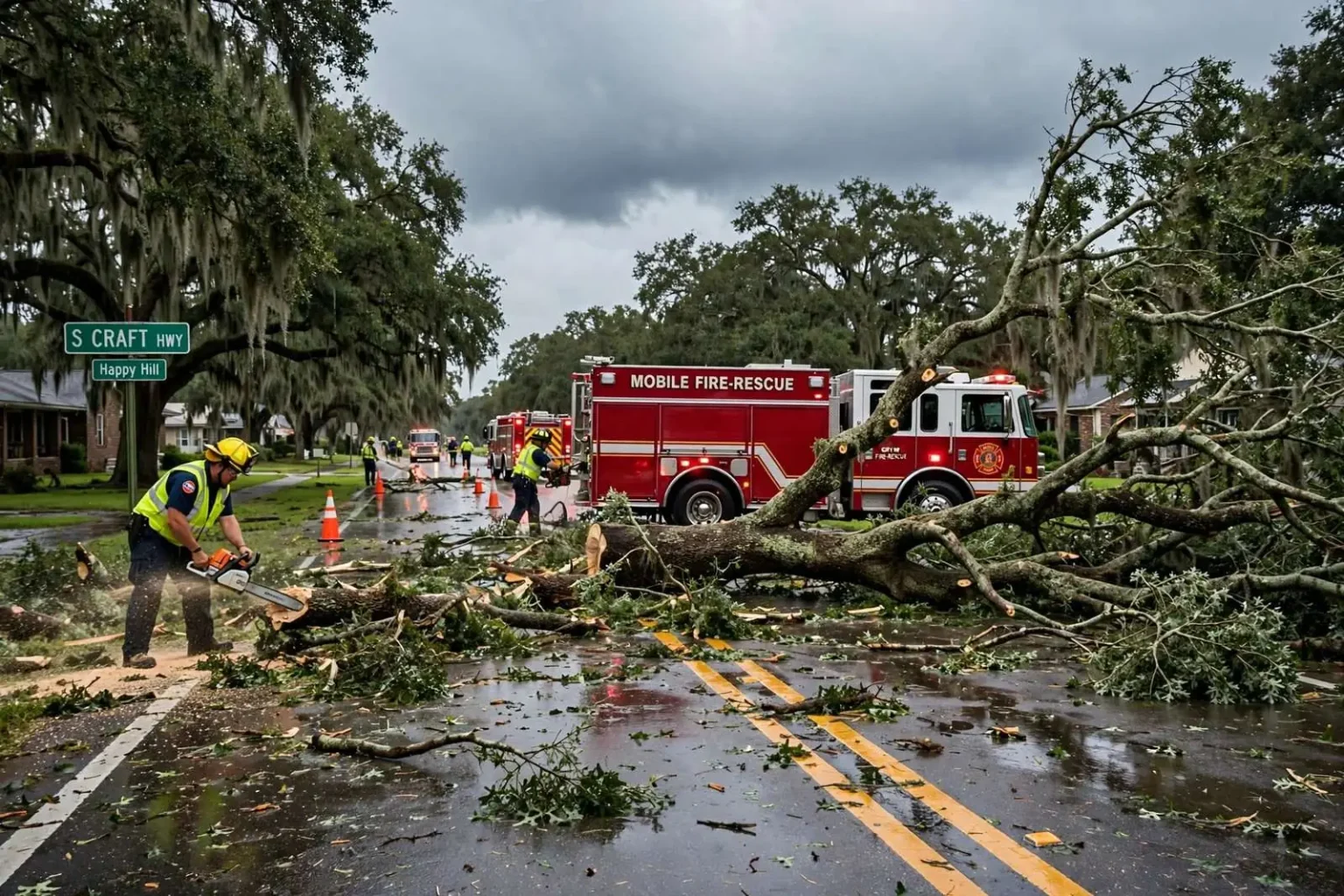 Illustration for the news story: Storm Topples Trees Across South Craft Highway in Mobile’s Happy Hill Community