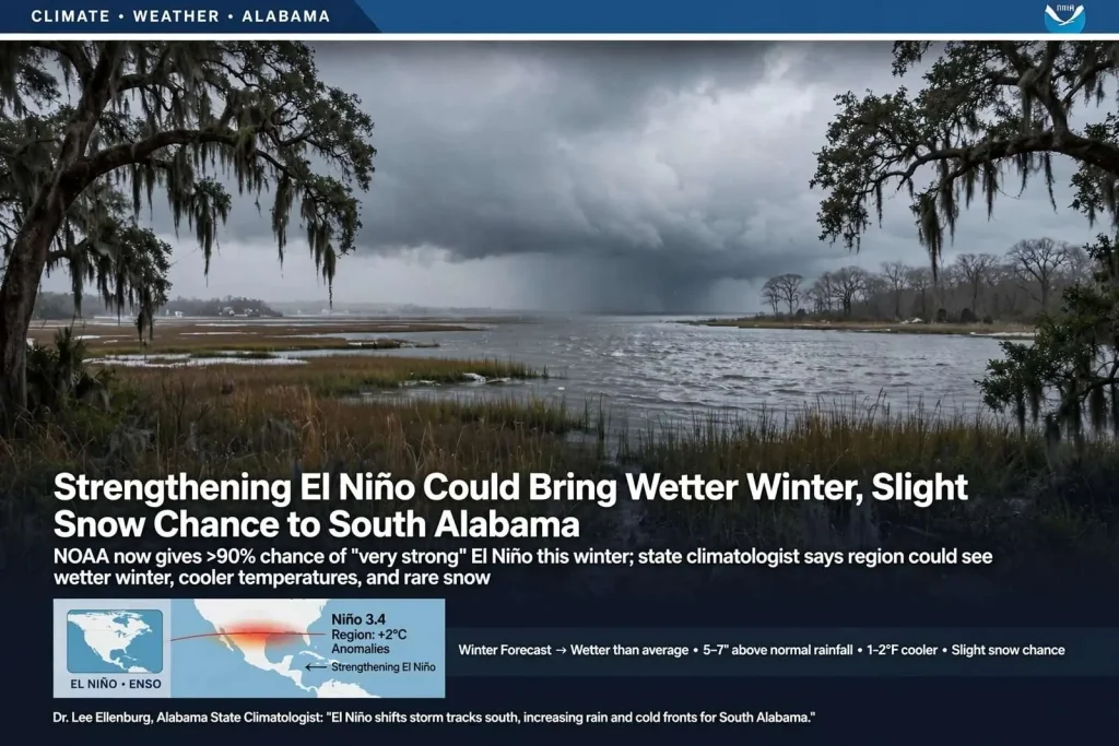 Illustration for the news story: Strengthening El Niño Could Bring Wetter Winter, Slight Snow Chance to South Alabama