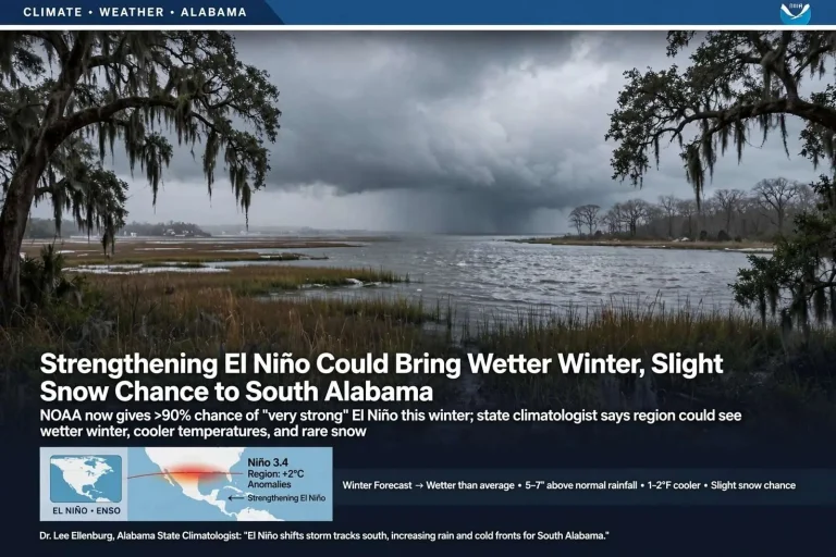 Illustration for the news story: Strengthening El Niño Could Bring Wetter Winter, Slight Snow Chance to South Alabama