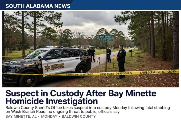 Illustration for the news story: Suspect in Custody After Bay Minette Homicide Investigation