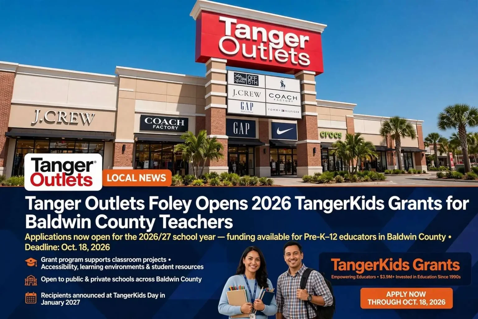 Illustration for the news story: Tanger Outlets Foley Opens 2026 TangerKids Grants for Baldwin County Teachers