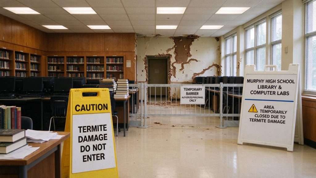 Illustration for the news story: Termite Damage Shuts Down Parts of Murphy High School Library, Computer Labs