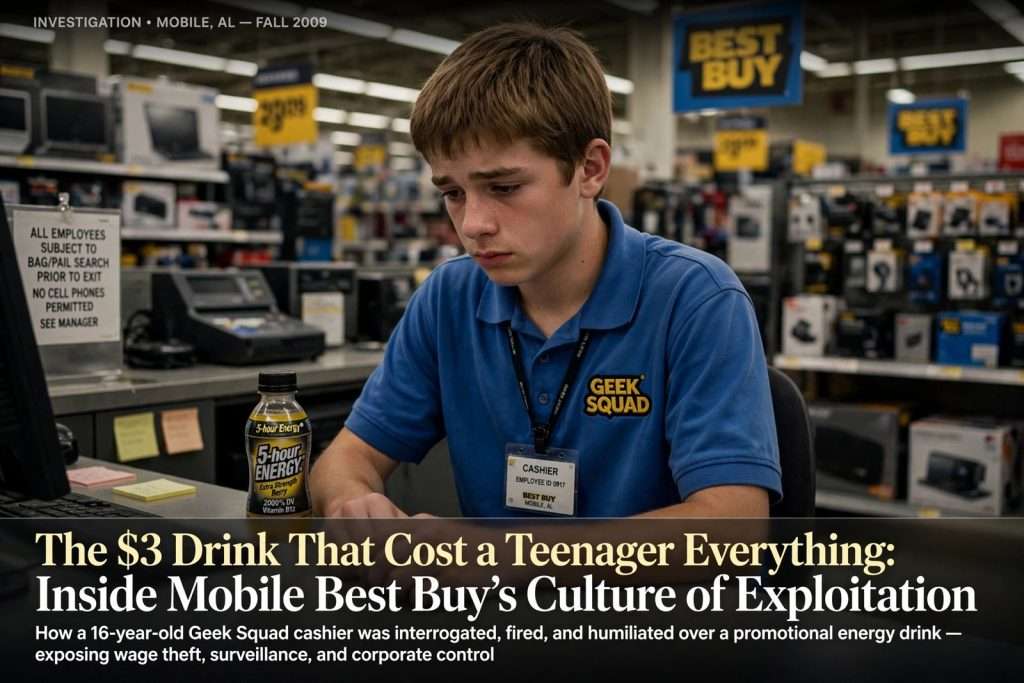 Illustration for the news story: The $3 Drink That Cost a Teenager Everything: Inside Mobile Best Buy’s Culture of Exploitation