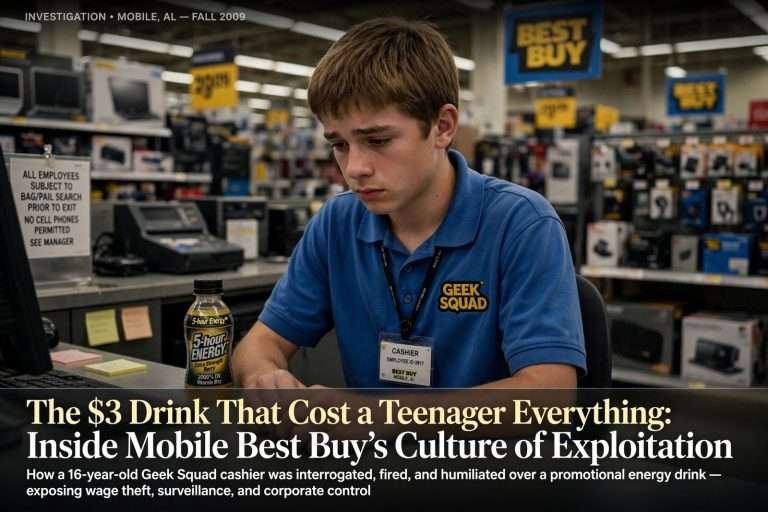 Illustration for the news story: The $3 Drink That Cost a Teenager Everything: Inside Mobile Best Buy’s Culture of Exploitation