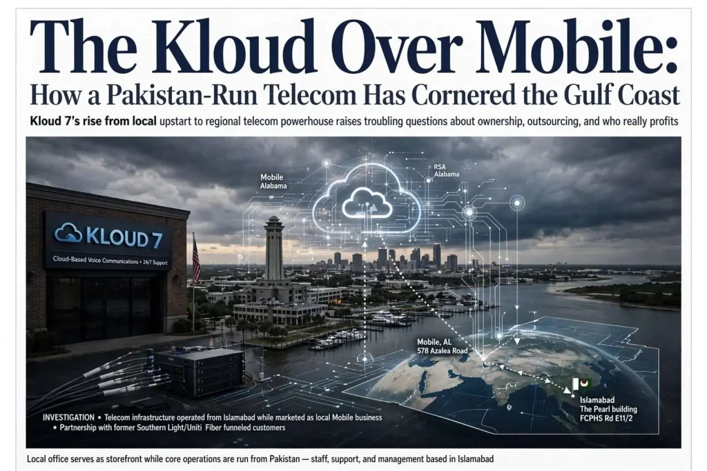 Illustration for the news story: The Kloud Over Mobile: How a Pakistan-Run Telecom Has Cornered the Gulf Coast