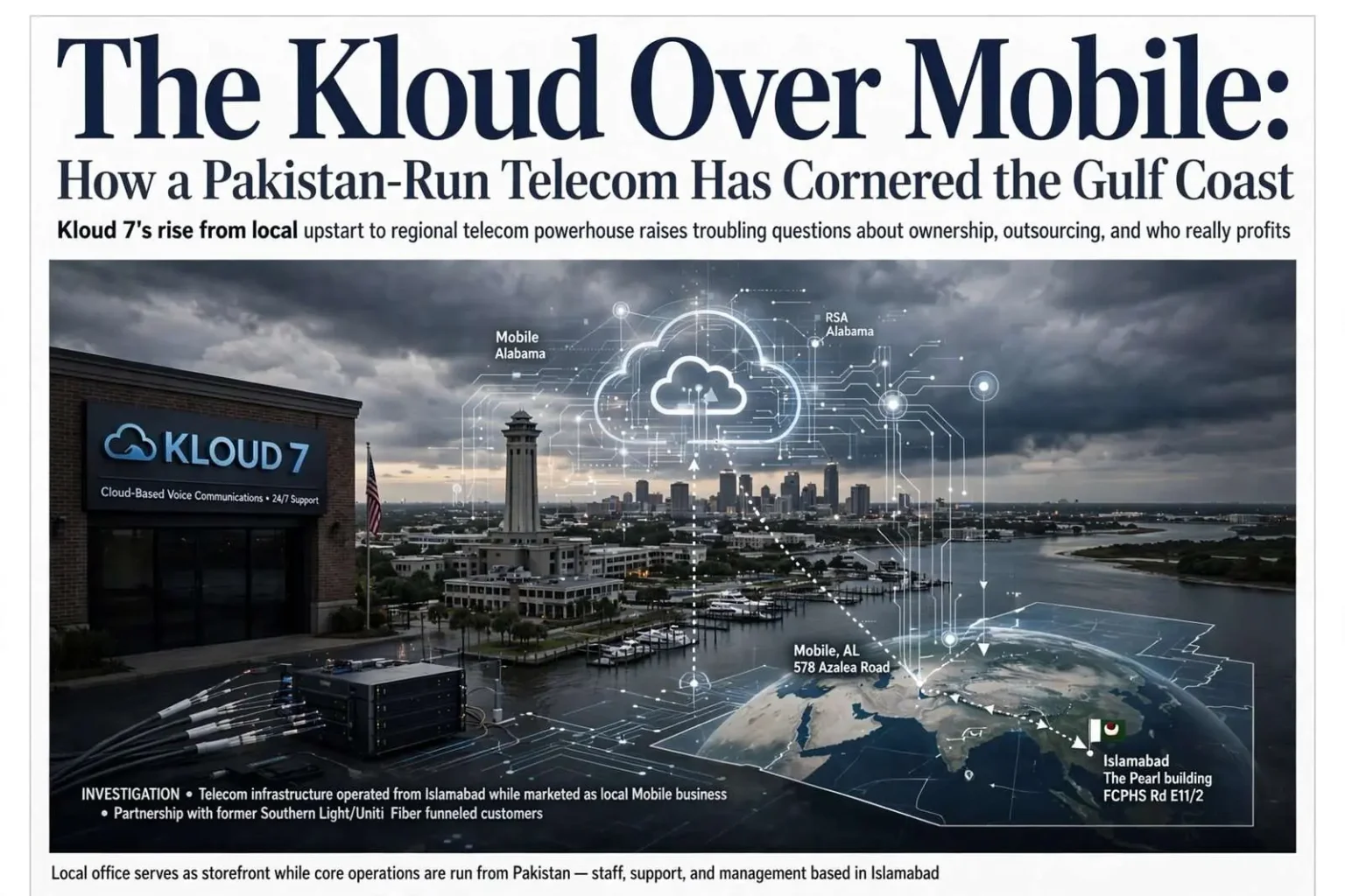 Illustration for the news story: The Kloud Over Mobile: How a Pakistan-Run Telecom Has Cornered the Gulf Coast