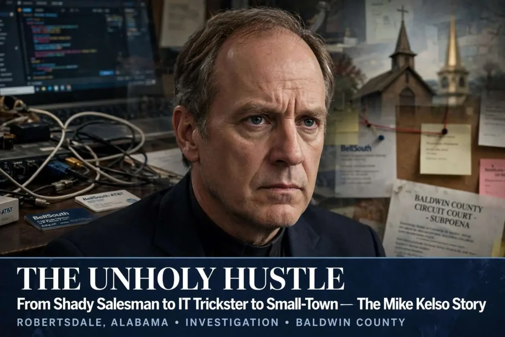 Illustration for the news story: The Unholy Hustle: From Shady Salesman to IT Trickster to Small-Town Pastor – The Mike Kelso Story