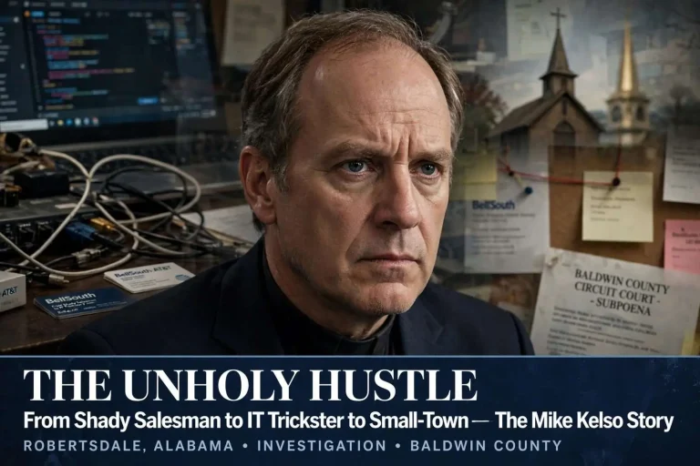 Illustration for the news story: The Unholy Hustle: From Shady Salesman to IT Trickster to Small-Town Pastor – The Mike Kelso Story
