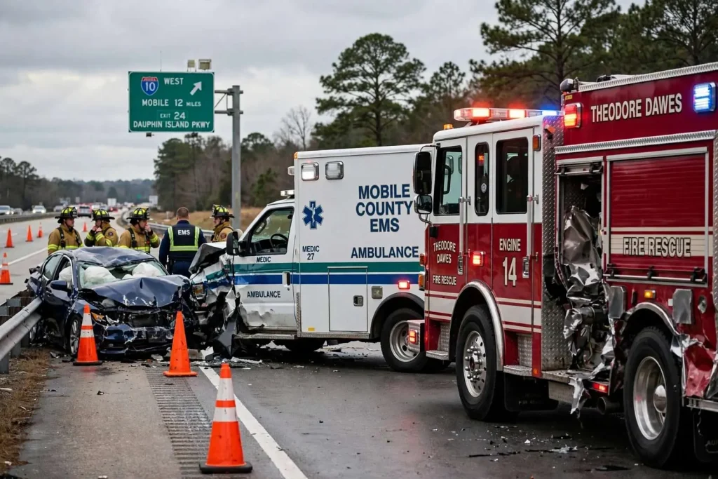 Illustration for the news story: Theodore Dawes Fire Engine Struck on I-10 While Responding to Medical Call, Chief Says Crew Followed Protocol