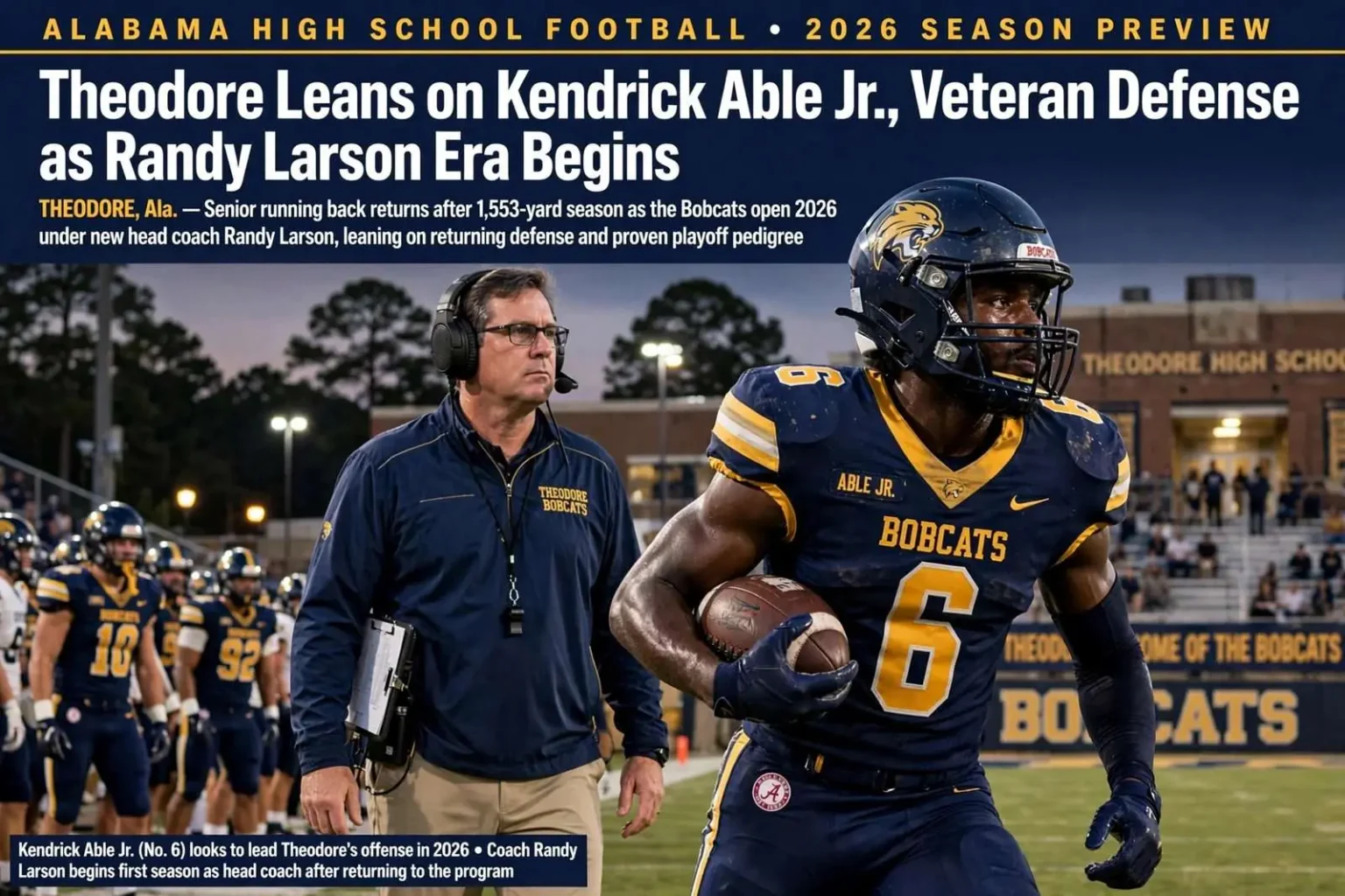 Illustration for the news story: Theodore Leans on Kendrick Able Jr., Veteran Defense as Randy Larson Era Begins