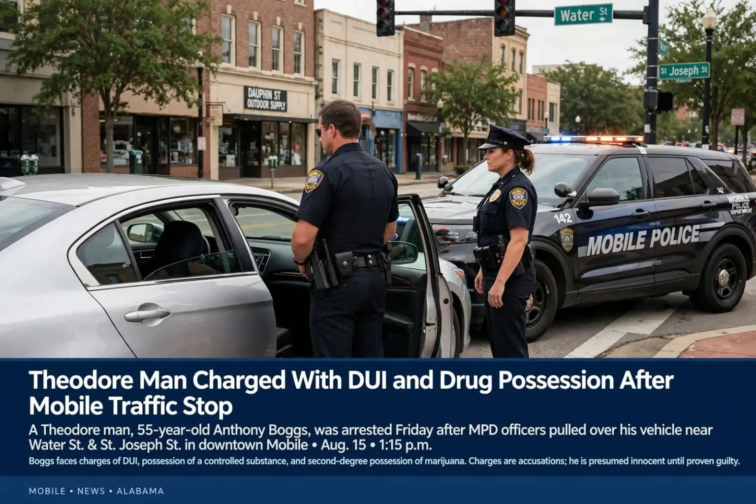 Illustration for the news story: Theodore Man Charged With DUI and Drug Possession After Mobile Traffic Stop