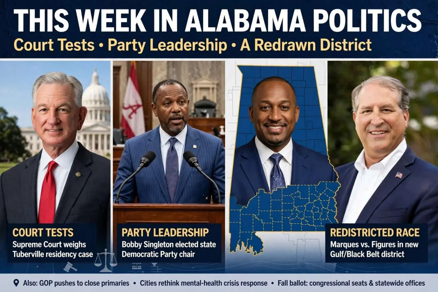 Illustration for the news story: This Week in Alabama Politics: Court Tests, Party Leadership and a Redrawn District