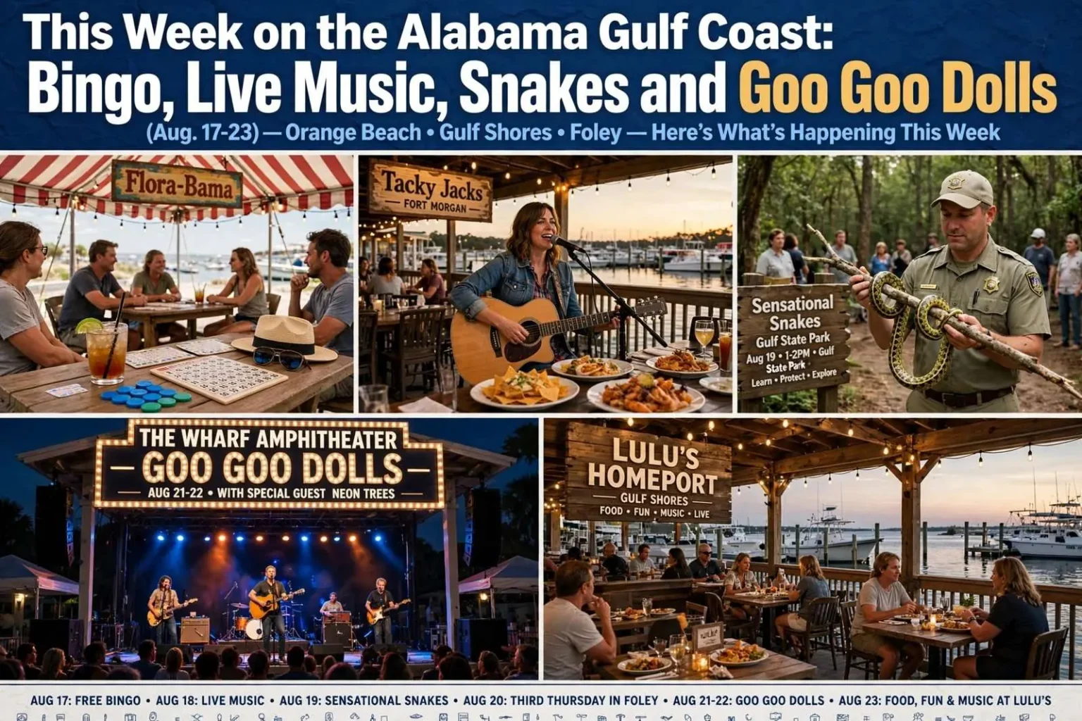 Illustration for the news story: This Week on the Alabama Gulf Coast: Bingo, Live Music, Snakes and Goo Goo Dolls (Aug. 17-23)
