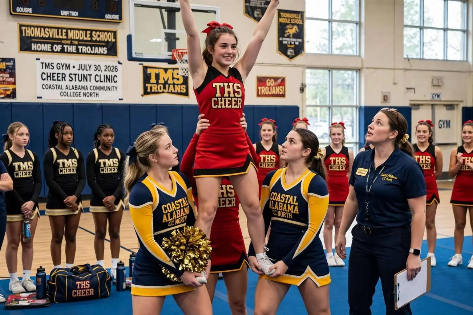 Illustration for the news story: Thomasville Cheerleaders Learn From College Squad at Stunt Clinic